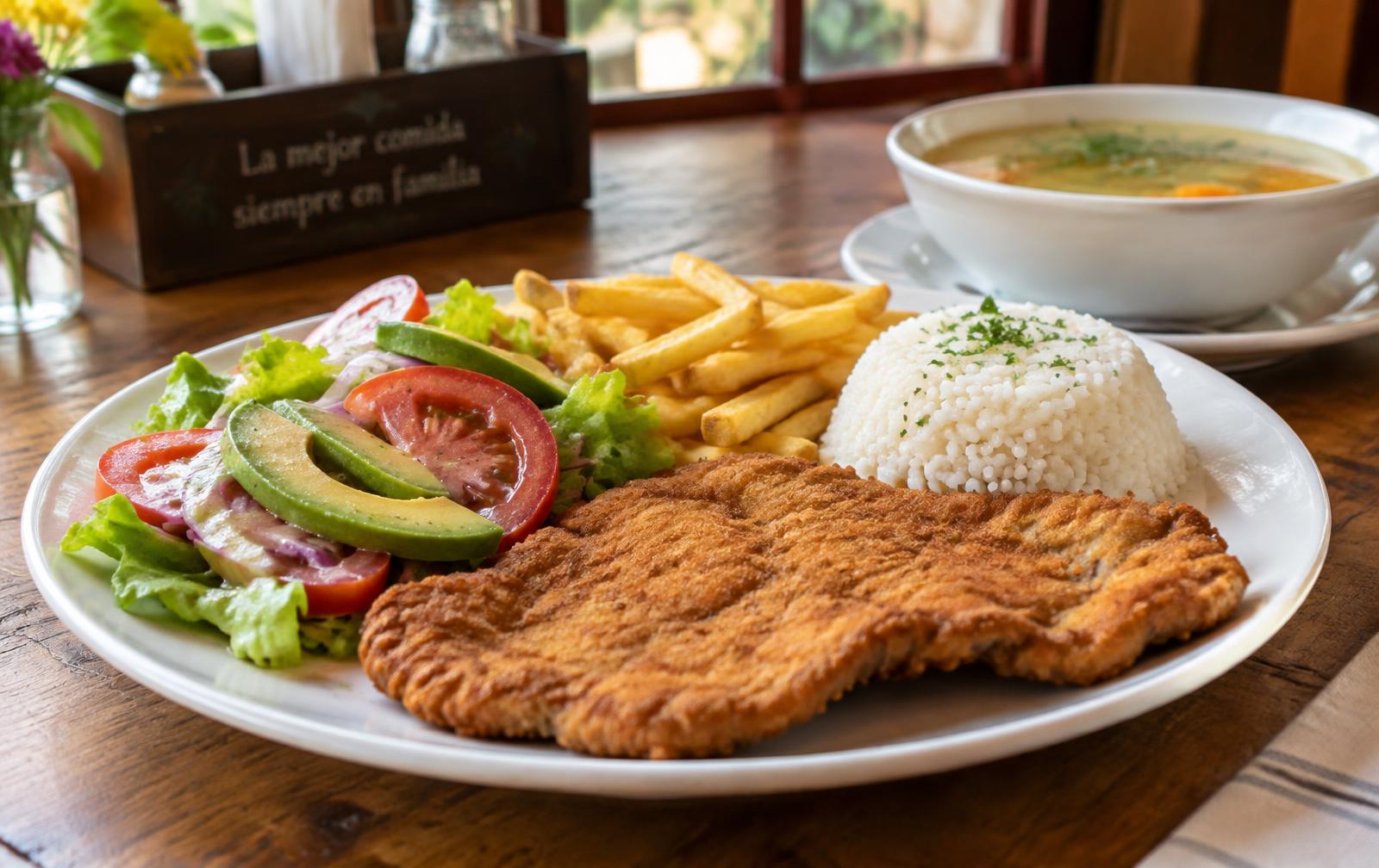 Almuerzo casero con chuleta valluna, arroz, papas y ensalada
